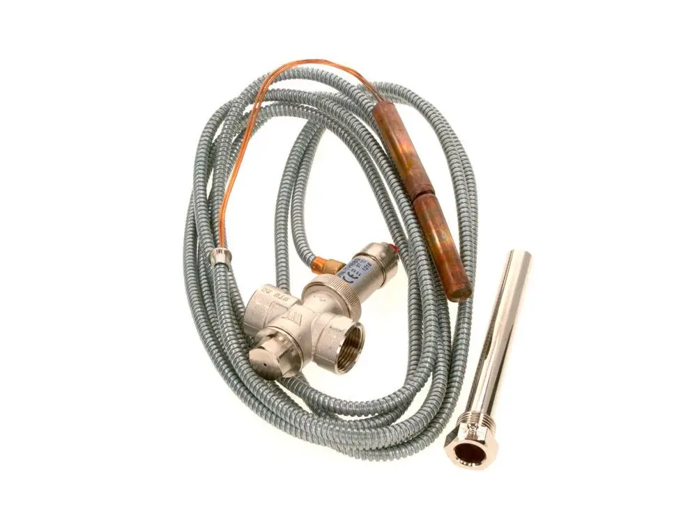 Bosch Ablaufsicherung mit einer Thermosonde und einer 4 Meter langen Kapillare, verbunden durch flexible Leitungen.